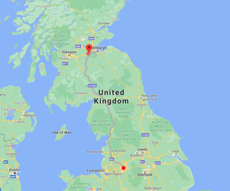 Livingston to Manchester map