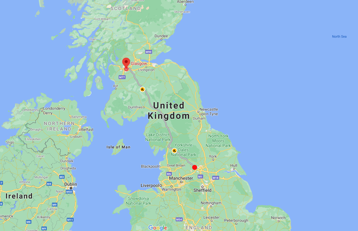 Glasgow to Bradford map