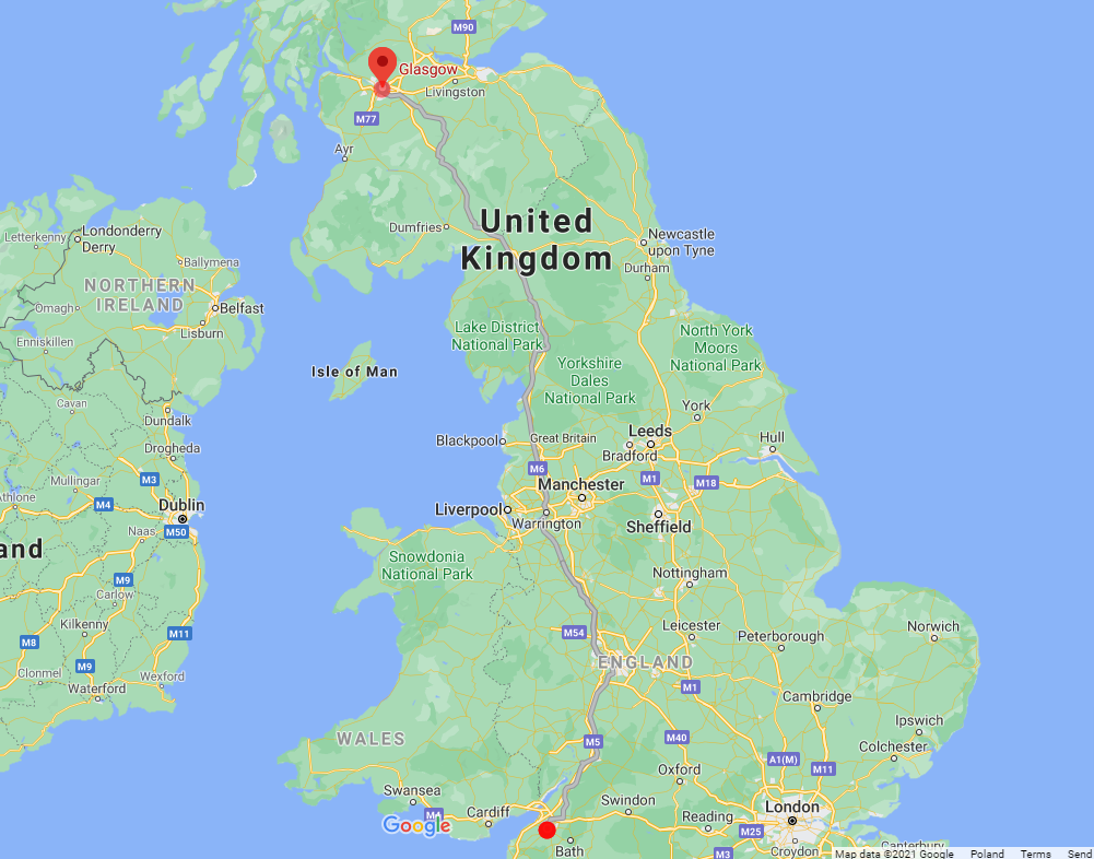 Glasgow to Bristol map